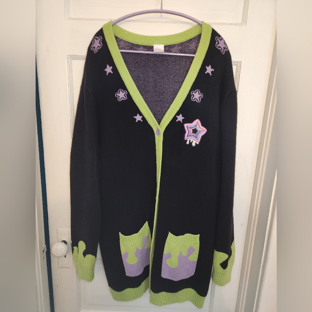 Kitycrylics black green and purple drippy harajuku cardigan jacket